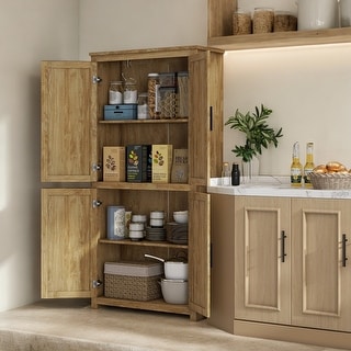 64" Boho Rattan Kitchen Storage Cabinet with 4 Doors, Adjustable ...